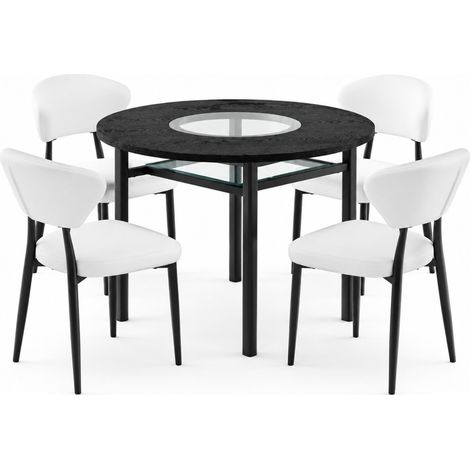 Set tavolo rotondo 100 cm con 4 sedie bianche in PU, MDF nero e vetro (1/5)