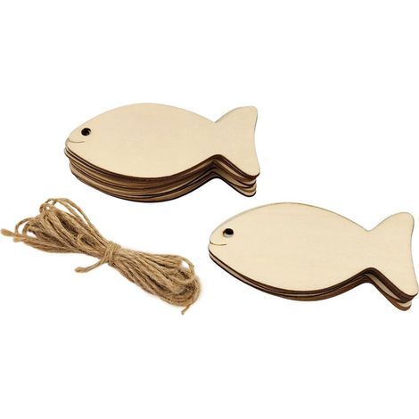 Set mit 20 dekorativen, fischförmigen Holzanhängern – perforierte Holzschilder mit Meeresmotiven und Hanfschnur, ideal zur Dekoration. Geeignet für Hochzeiten und (1/5)