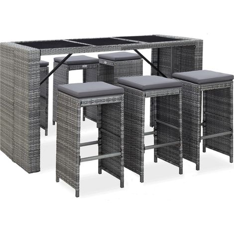 Bar extérieur - Meuble de bar de jardin 7 pcs et coussins Résine tressée Gris (1/5)
