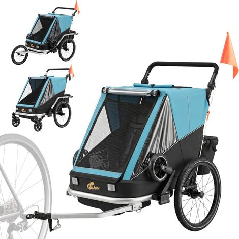 Remorque vélo enfant 2 places 2-en-1 pliante avec siège réglable, harnais 5 points, roues gonflables et fonction poussette, bleu, pour sorties famille  CHICFURN (1/5)