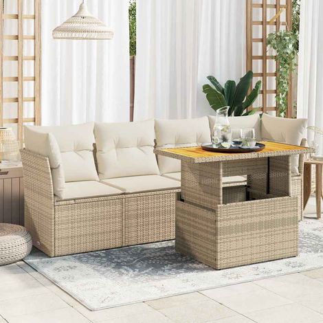 5-tlg. Garten-Sofagarnitur mit Kissen Beige Poly Rattan (1/5)