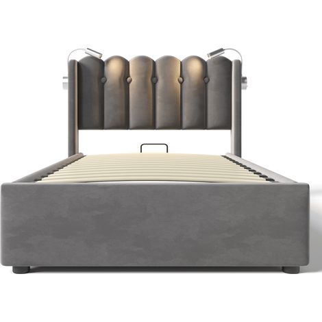Lit simple rembourré avec lampe de lecture et fonction de charge, tête de lit avec rangement, cadre de lit en velours, lit jeune 90x200 avec sommier à lattes, gris (sans matelas) (1/5)
