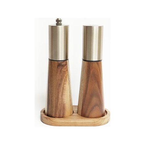 Set da cucina in due pezzi con macina sale e pepe, realizzato in metallo e legno di acacia, composto da una bottiglia per spezie in acciaio inox e legno, un macinino manuale e un contenitore per spezi (1/4)
