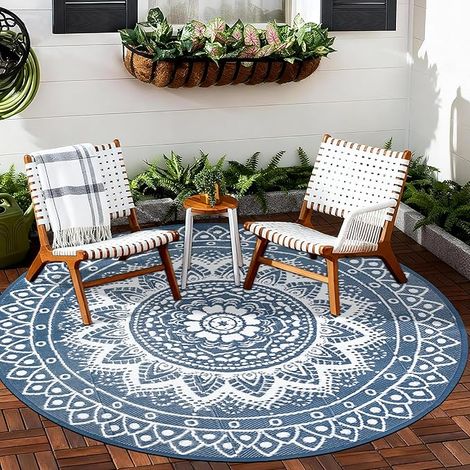 Rug Round Patio Mat 180cm Waterproof Foldable Bohemian Camping Picnic Mat for RV Balcony Beach Blue/White (1/5)