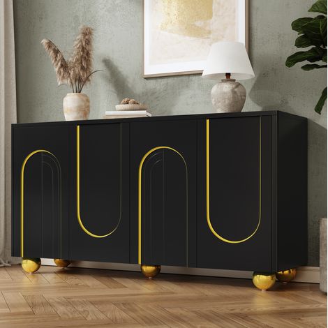 Buffet 4 portes avec rangements 140 x 40 x 74 cm, décor arc doré, noir DESVIAE (1/5)