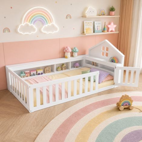 Lit simple 90x200 enfant avec rangement bois blanc HAVRYA (1/5)