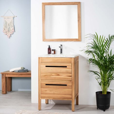 Meuble salle de bain en teck et terrazzo crème Sira 60cm