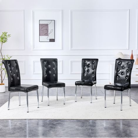 Silla de comedor de metal y PVC negra, efecto piel de cocodrilo, con detalles cristal (1/5)