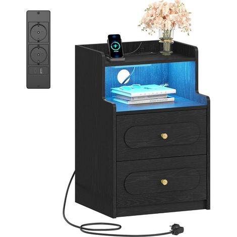 Table de Chevet avec Lumière LED et Multiprise, Table de Nuit avec 2 Tiroirs et 1 Compartiment Ouvert, Tables d'appoint avec Rangement, pour Chambre à Coucher, Salon, Moderne, Noir (1/5)