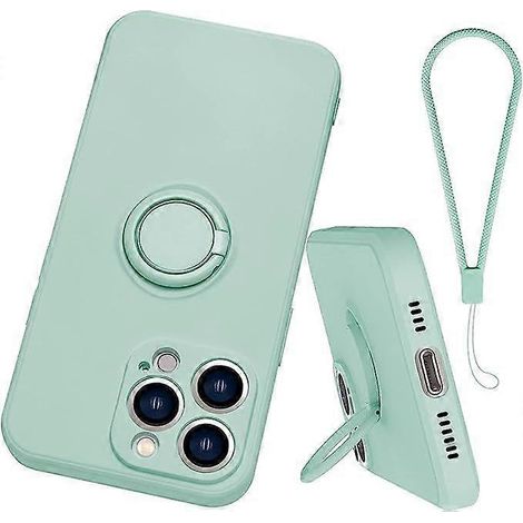 Silikon-Handyhülle mit Ringhalterung für iPhone 13 Pro Max, 360°-Schutz mit Handschlaufe, kompatibel mit magnetischen Autohalterungen. Mintgrün.