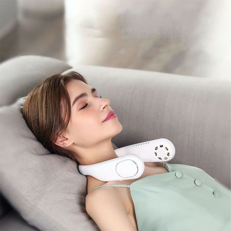 Ventilateur de cou USB à 3 vitesses, silencieux, rechargeable, sans pales, longue autonomie, portable, idéal pour le shopping, les voyages et les activités de plein air, blanc crème