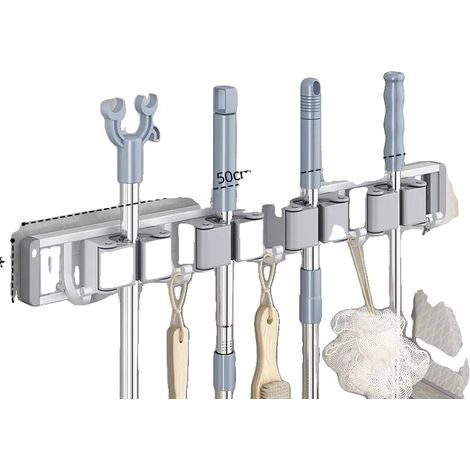 Organizador de pared para escobas y fregonas con 5 ganchos, color plata. (1/2)