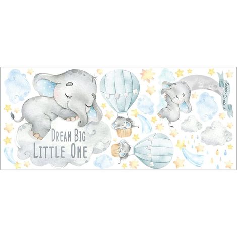 Autocollant Mural - Éléphant Ballon À Air Chaud Étoiles Cœurs - Vinyle PVC Détachable Autoadhésif - Décoration Murale Chambre Enfant Salon - 4 Feuilles (1/5)