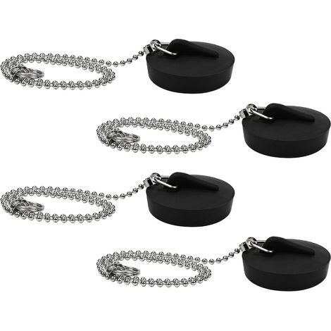 Quatre bouchons de vidange en caoutchouc avec une chaîne de 40 cm  bouchons d'évier en caoutchouc, bouchons de baignoire, adaptés aux baignoires, cuisines et lavabos de salle de bain (40-45 mm, noir). (1/5)