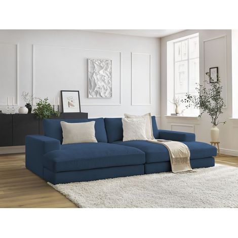 BOBOCHIC - Canapé droit fixe 4 places compact LEONARD assise profonde velours côtelé Bleu foncé (1/5)