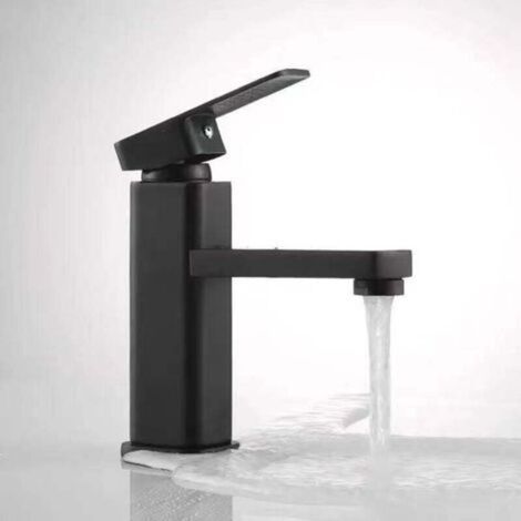 Robinet Évier Salle de Bain Monotrou Carré Noir avec Poignée Métal Robinet Lavabo (1/4)