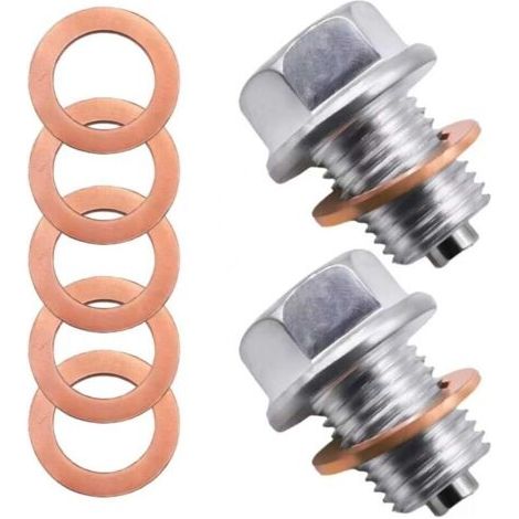 2PCS Bouchon de Vidange d'huile Magnétique M14x1,5, vis en Acier Inoxydable pour Carter d'huile, Bouchon avec 5 Rondelles en Cuivre Bouchon de Vidange pour Voitures Motos et Bateaux (1/4)
