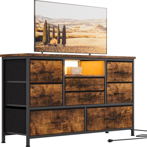GARVEE -Commode 8 Tiroirs en Tissu pour TV 55'' avec Prises USB et LED, Meuble de Rangement Multi-fonctions pour Chambre/Salon, 140x40x82cm(Marron) (1/5)