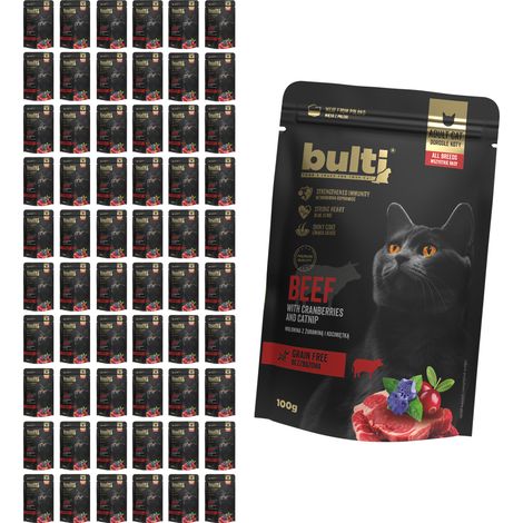 BULTI Superfood, pâtée pour chat au bœuf, canneberges et herbe à chat, 60 sachets de 100 g (1/3)