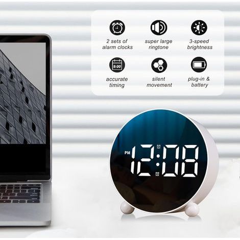 Digitaler Wecker, runder Wecker mit LED-Anzeige, kleiner digitaler Wecker mit zwei Klingeltönen, 3 einstellbare Helligkeitsstufen, geräuschloser Tischwecker, hörbarer Nachttischwecker, geeignet für Sc