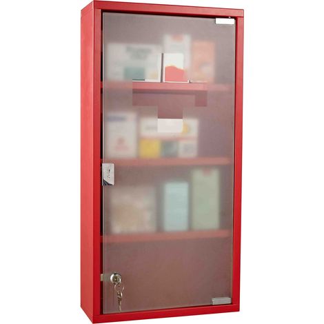 Armoire à Pharmacie 3 étagères 4 Niveaux verrouillable Porte Verre trempé dépoli Logo Croix 30L x 12l x 60H cm Acier Rouge