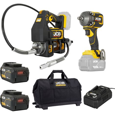 JCB Professional Akku Werkzeug Set 18V fur KFZ & Landmaschinen Schlagschrauber 620Nm 1/2" + Akku-Fettpresse 700 bar 2x 5Ah + Lader + Tasche JCB-18PKIT-5 (1/5)