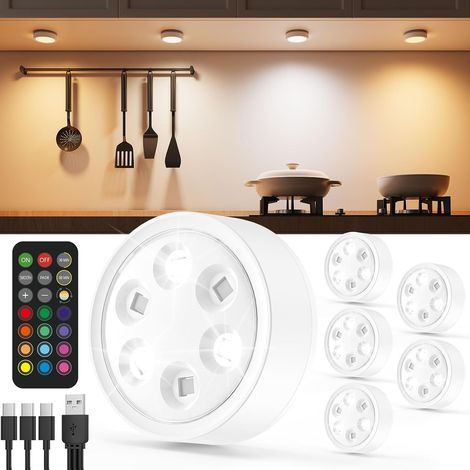 Spot LED Rechargeable 2400mAh, Lampe Placard RGB avec Télécommande USB, Couleur, Dimmable, Autocollant, Magnétique Eclairage Vitrine Sans Fil Pile pour Cuisine Sous Meuble, Armoire, Etagère (1/5)