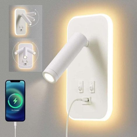Applique murale LED, liseuse de chevet avec interrupteur, port de charge USB, éclairage d'ambiance réglable pour chambre (lumière naturelle 3 W + lumière chaude 9 W) Blanc (1/5)