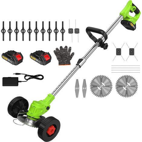 Coupe-bordure sans fil avec 2 batteries, 5 Types de lames, Roue de Guidage Amovible, Débroussailleuse Électrique sans fil - Réglable en plusieurs hauteurs - Vert (1/5)