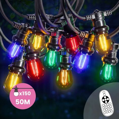 Guirlande Guinguette 50M 150 Bulbes Filament Rouge Bleu Jaune Vert Dimmables - Guirlande Lumineuse Ampoule E27 Multicolore (1/5)