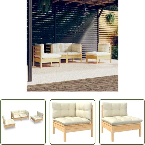 Terrassensofa - 4-tlg. Garten-Lounge-Set mit Creme Kissen Massivholz Kiefer (1/5)