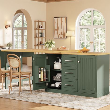 Îlot de cuisine extensible 120-197x40x74 cm avec plateau rotatif 360°, rangement et tiroir, MDF antique - vert