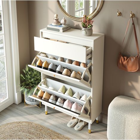Schmaler Schuhschrank mit Klappen, Schublade, Weiß OKMYHOME (1/5)