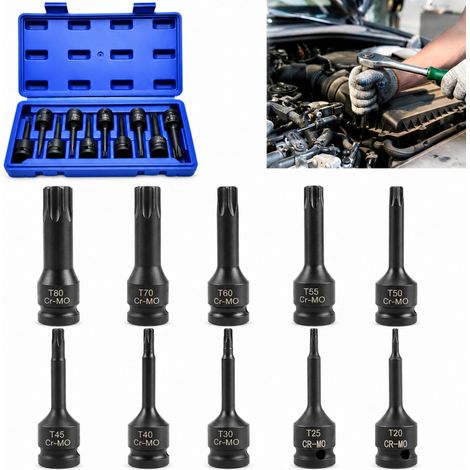 Jeu de douilles Torx 1/2" : 10 pièces T20-T80 en CR-MO pour visseuse à percussion et clé dynamométrique avec boîte de rangement (1/5)