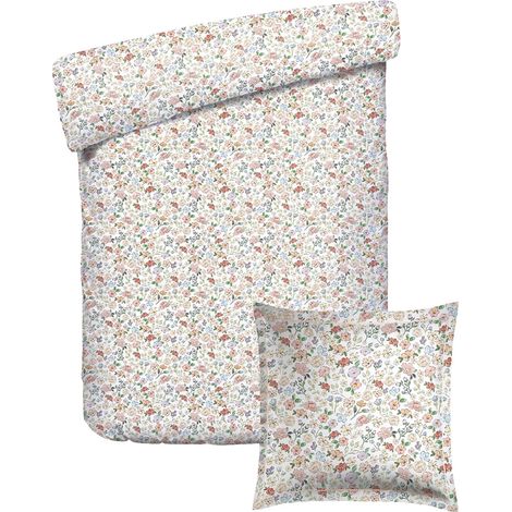 Parure de lit 2 Pièces 1 Personnes - Housse de Couette 140x200 cm et 1 Taie Oreiller 63x63 cm – 100% Satin de Coton, 80 Fils – Champ en Fleurs – Blanc (1/5)
