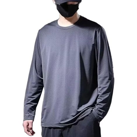 Men's loose-fitting, long-sleeved, breathable mesh T-shirt, plus size, sports top, basic shirt for holidays, parties, everyday wear, spring, autumn, black, white, grey (1/5)