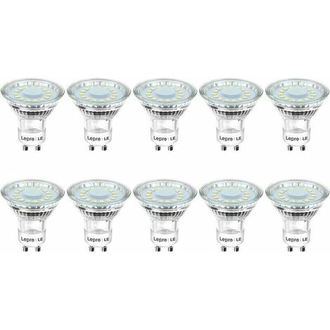 GU10 4W LED bulbs equivalent to 50W halogen bulbs, 5000K cool white light, 325lm brightness with a wide 110° beam angle. Pack of 10 LED spotlight bulbs. (1/4)