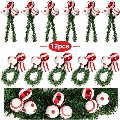 12 pièces Attaches torsadées de sapin de Noël, 15.2 cm, attaches en faux sapin avec 3 boules rouges et blanches pour guirlandes et couronnes. (1/5)