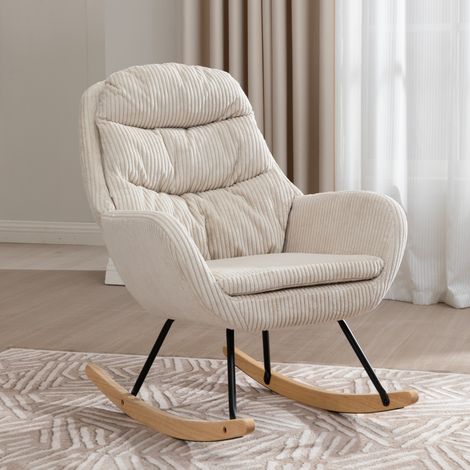 Sedia a dondolo, sedia reclinabile, sedia imbottita con molle insacchettate, sedia imbottita con strisce antiscivolo, tessuto in velluto a coste, struttura in metallo, beige (1/5)