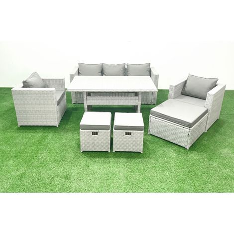 Fimous Garden Dining Set Outdoor Rattan Furniture Set with Sofa Dining Table 2 Chairs 3 Footstools Light Grey Mixed