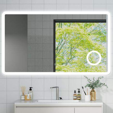 OCEAN Specchio da bagno con LED 120x70cm,Bluetooth,Lente d'ingrandimento,3 colori,Dimmerabile, Antiappannamento,Memoria,IP44, Vetro HD,Doppio interruttore,Orizzontale/Verticale