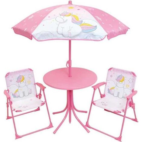 Mobilier de jardin - FUN HOUSE - Salon de jardin Licorne : Table H.46 x 46 cm, 2 chaises pliantes, parasol H.125 x�100 cm