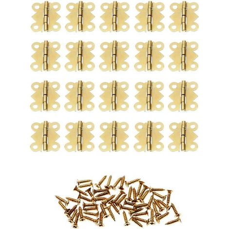 20 charnières papillon miniatures dorées en fer, 20 x 17 mm, 4 trous, pour portes, tiroirs, boîtes à bijoux et autres meubles, avec vis.
