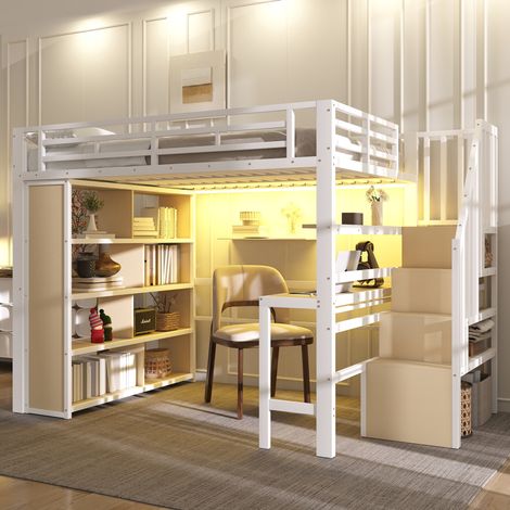 Lit mezzanine 140x200 cm métal blanc avec bureau, rangements et LED intégrée (1/5)