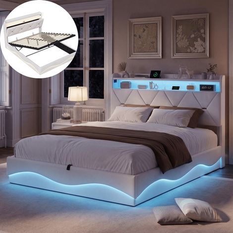 Lit adulte capitonné 160x200 cm avec éclairage LED ondulé, lit coffre 160x200 avec rangement hydraulique, chargement USB, sommier à lattes, velours, Blanc