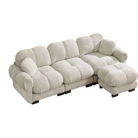 Divano angolare 3 posti modulare con dormeuse mobile e cuscino, design trapuntato, Chenille, kaki chiaro (1/5)