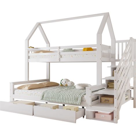 Lit superposé enfant avec toit, 2 tiroirs sur roulettes, escalier avec rangement et garde-corps, blanc, pour matelas 90x200 ou 140x200 cm - CHICFURN (1/5)