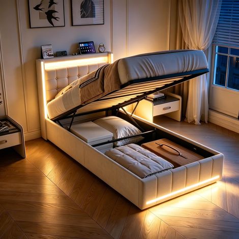 Letto singolo 90x200 cm – Letto contenitore – Illuminazione LED integrata – Porte USB e Type-C – Rete a doghe – Biancheria beige (1/5)