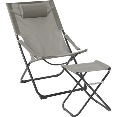 SVITA TOMRA Liegestuhl mit Hocker klappbar Strandstuhl Campingstuhl Kopfkissen Hellgrau