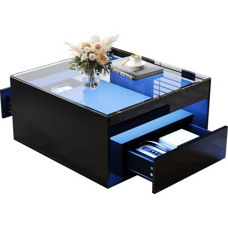 Table basse 70 x 70 x 35 cm avec 2 tiroirs, haute brillance, table de salon avec design ajouré, plateau en verre trempé avec LED,Noir